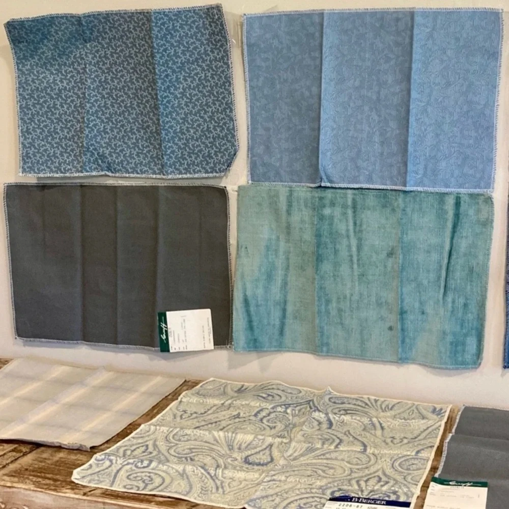 8pcs Fabric Samples Lot - Rustic Blues and Greys Paisley Damask Solid